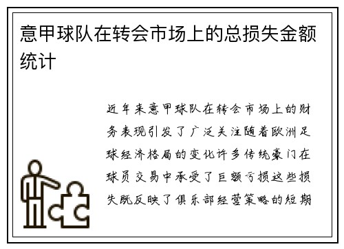 意甲球队在转会市场上的总损失金额统计